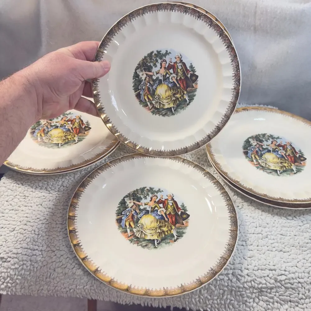 Vintage Cronin China Minerva Oh 9” Luncheon Plate Colonial Gold Rim USA Set of 7